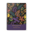 A5 boho leaf notebook with colorful floral cover and spiral binding, dark background