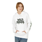 White hoodie pullover with green "WILD INSIDE" graphic and long sleeves