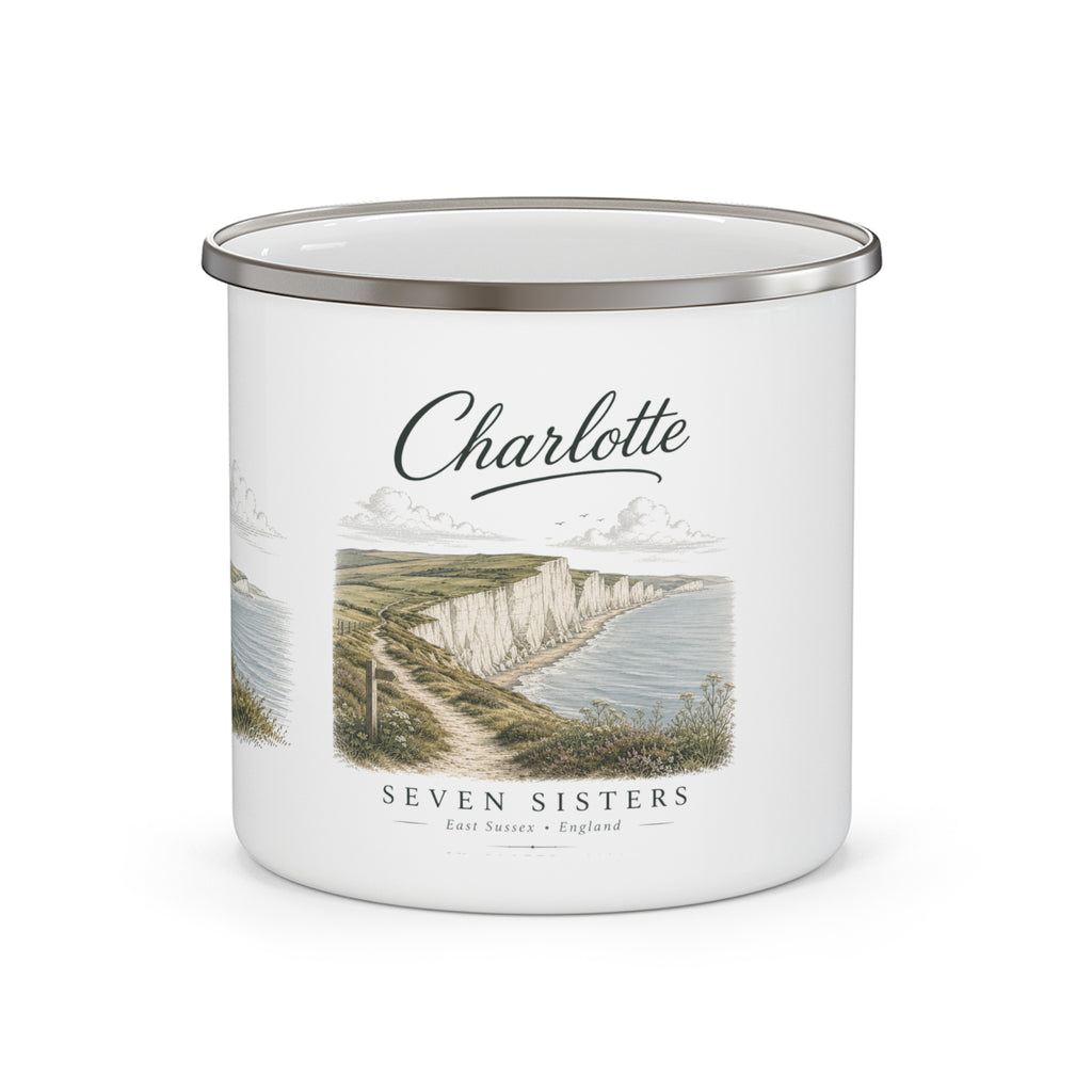 Personalised Enamel Camping Mug | Seven Sisters Coastal Design | Custom Name