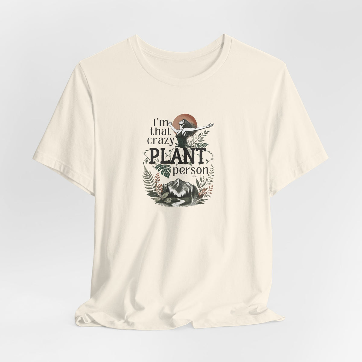 Cream plant lover t-shirt with 'crazy plant person' botanical graphic