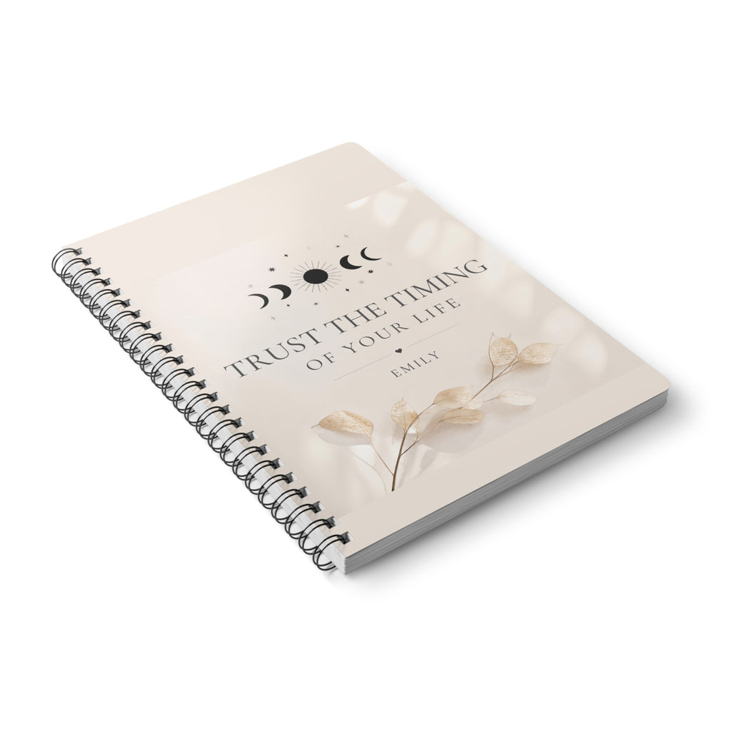 Personalized A5 lined notebook, beige cover with floral quote design and spiral binding