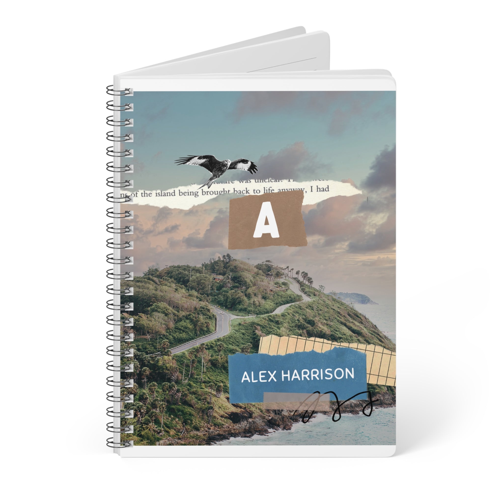A5 wirobound notebook with seaside cover, monogram A and ALEX HARRISON, lined pages