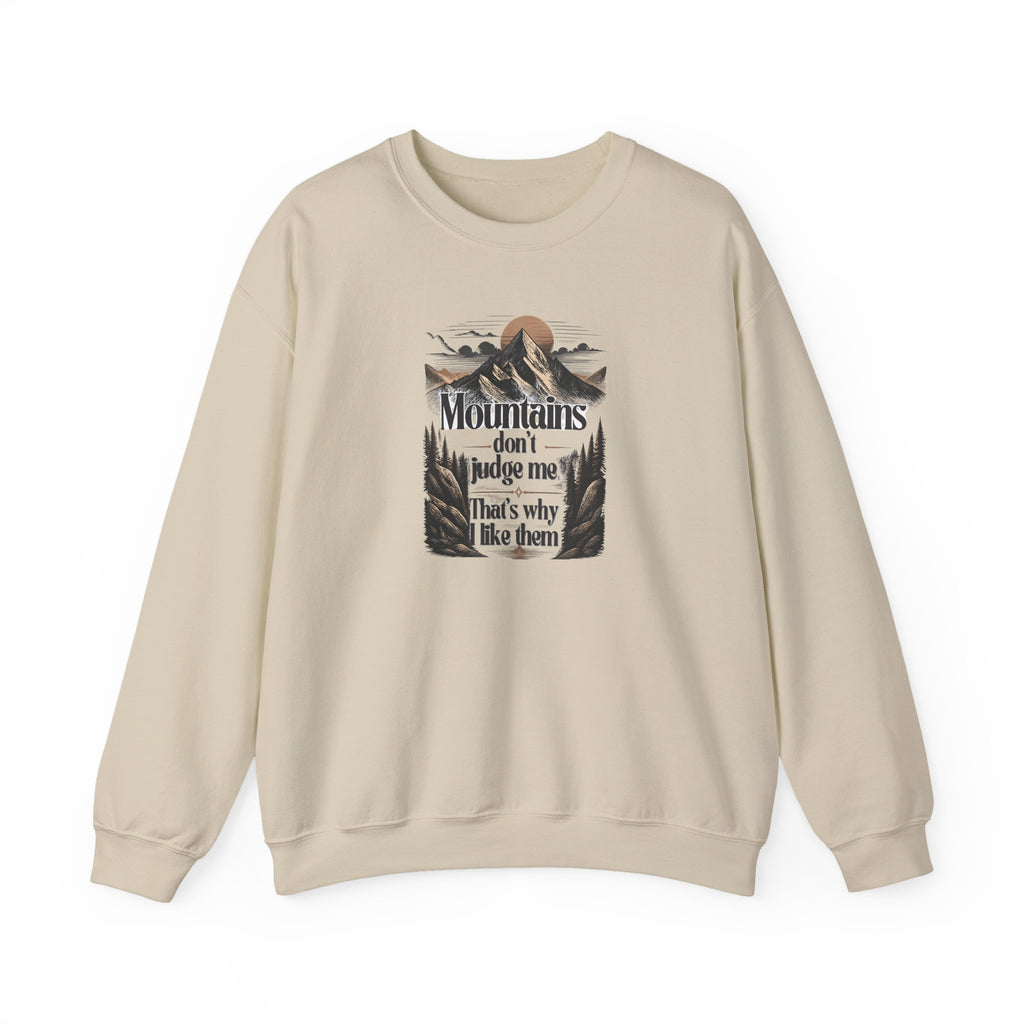 Sand crewneck sweatshirt with centered front mountain quote graphic