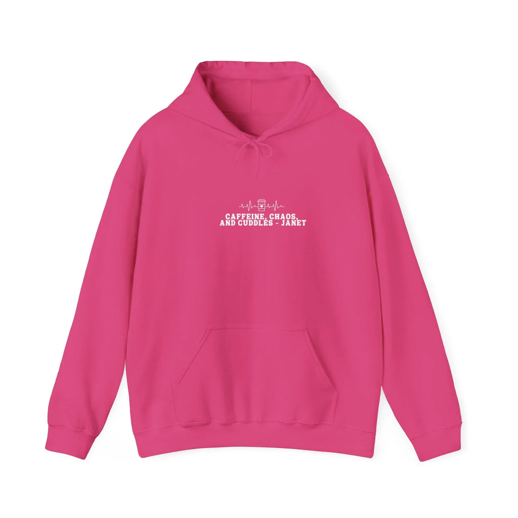 Bright pink hoodie sweatshirt with front pocket and drawstring hood, small chest logo text.