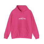 Bright pink hoodie sweatshirt with front pocket and drawstring hood, small chest logo text.