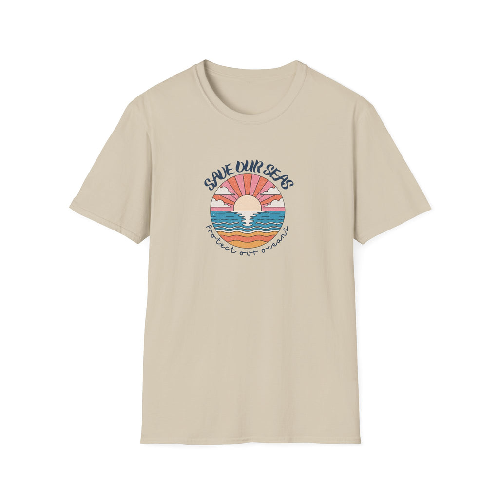 Save Our Seas T-shirt in sand beige with retro ocean sunset conservation graphic