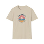 Save Our Seas T-shirt in sand beige with retro ocean sunset conservation graphic