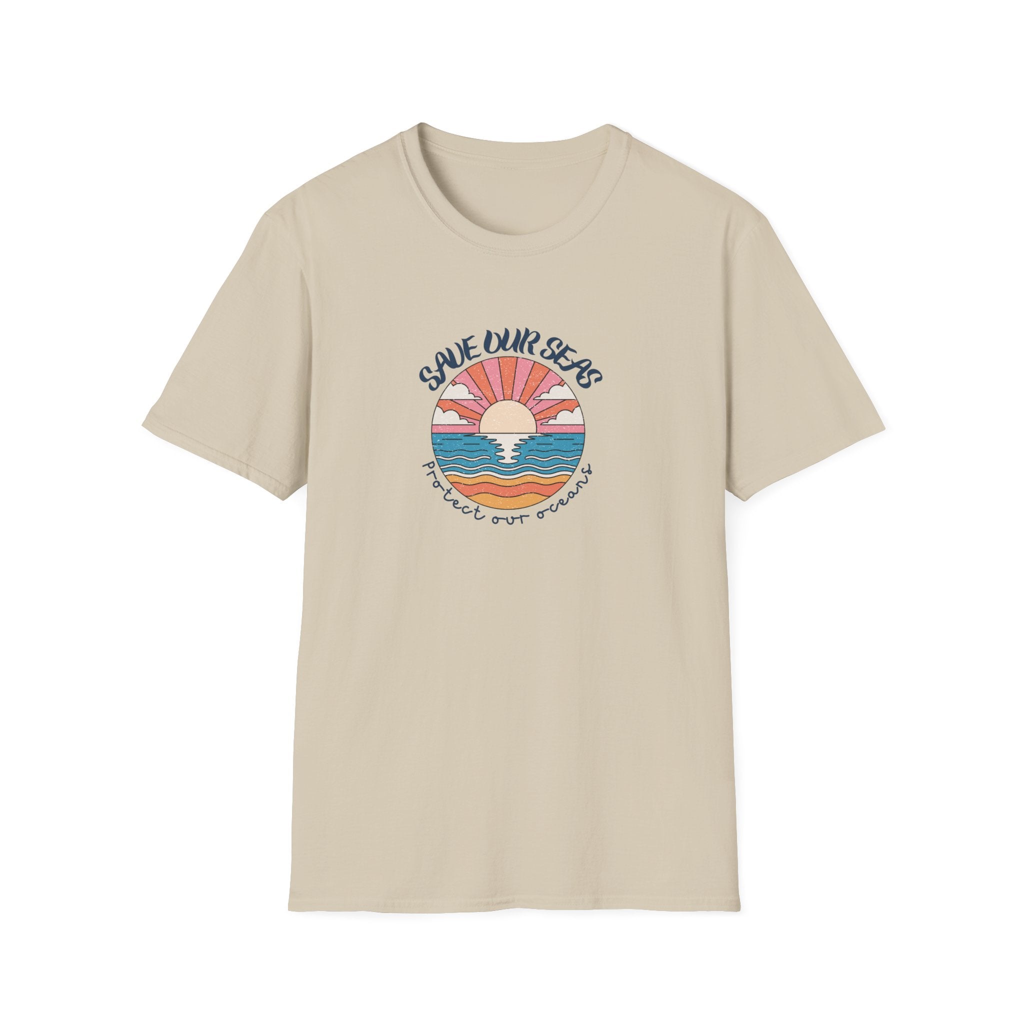 Save Our Seas T-shirt in sand beige with retro ocean sunset conservation graphic
