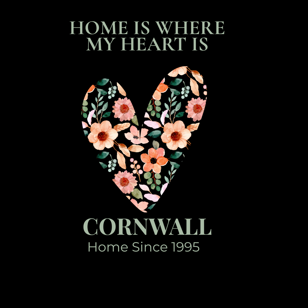 Black sweatshirt with floral heart location graphic and text reading CORNWALL