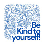 Coffee mug design with blue floral line art and 'Be Kind to yourself!' wording