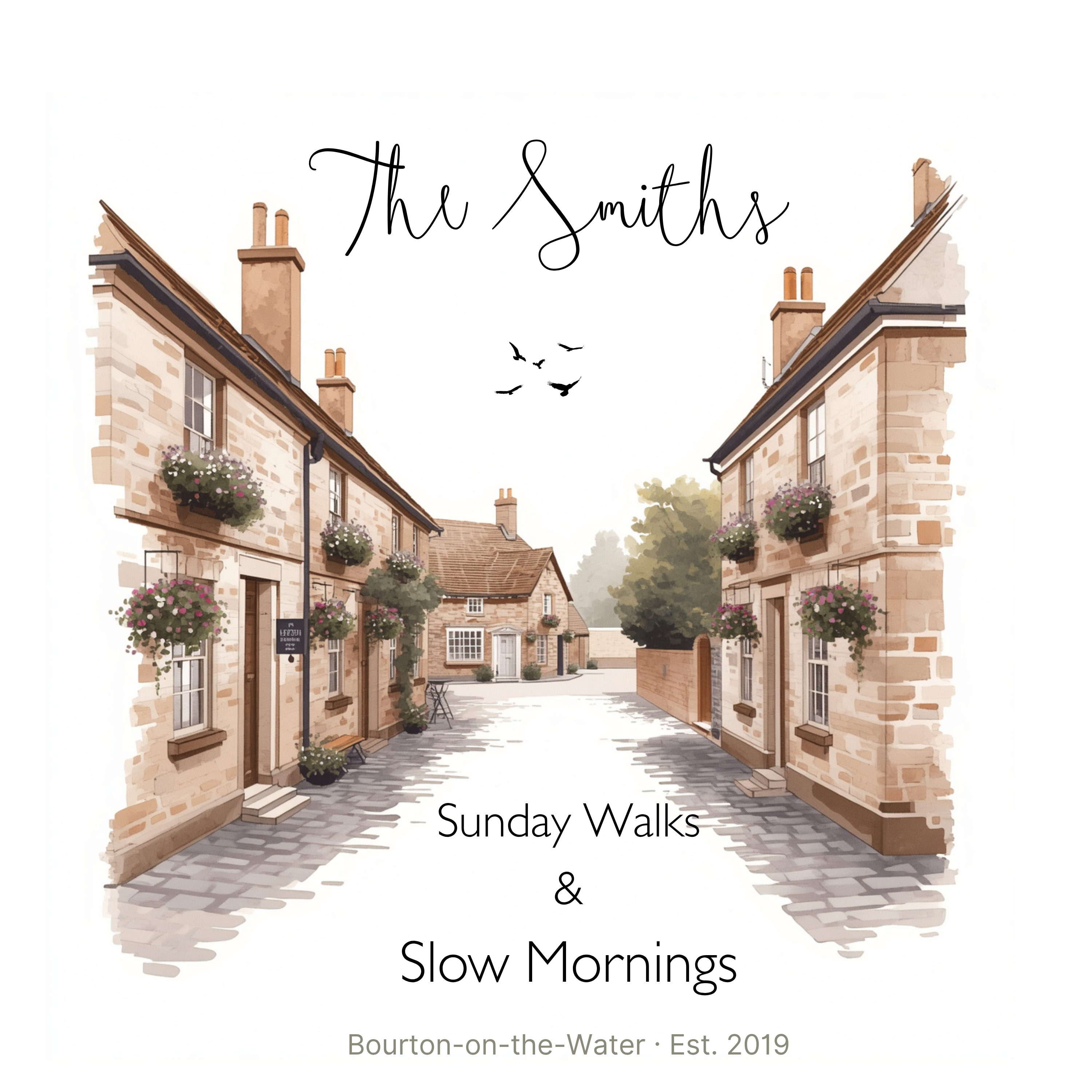White canvas tote bag with personalized script name and watercolor village street print