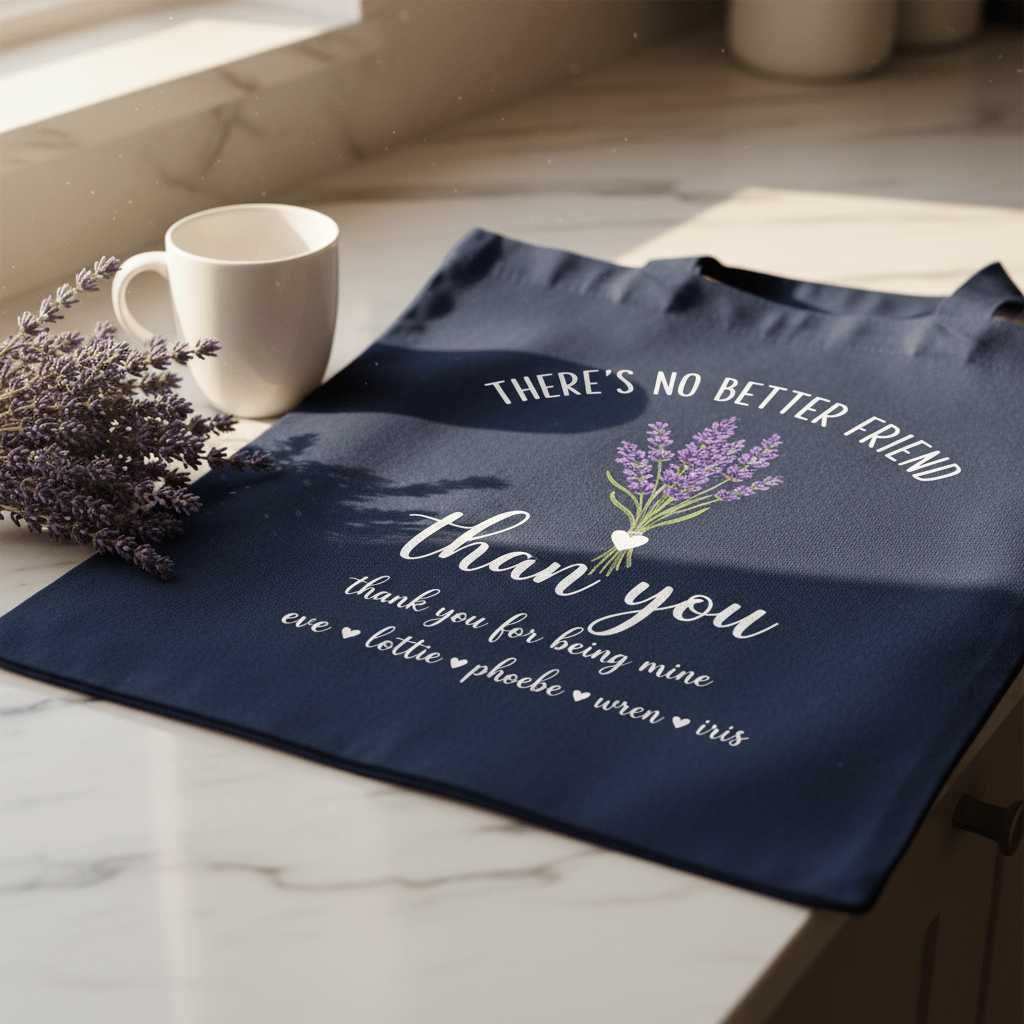 Navy tote bag flat on table with 'There's No Better Friend' and thank you text