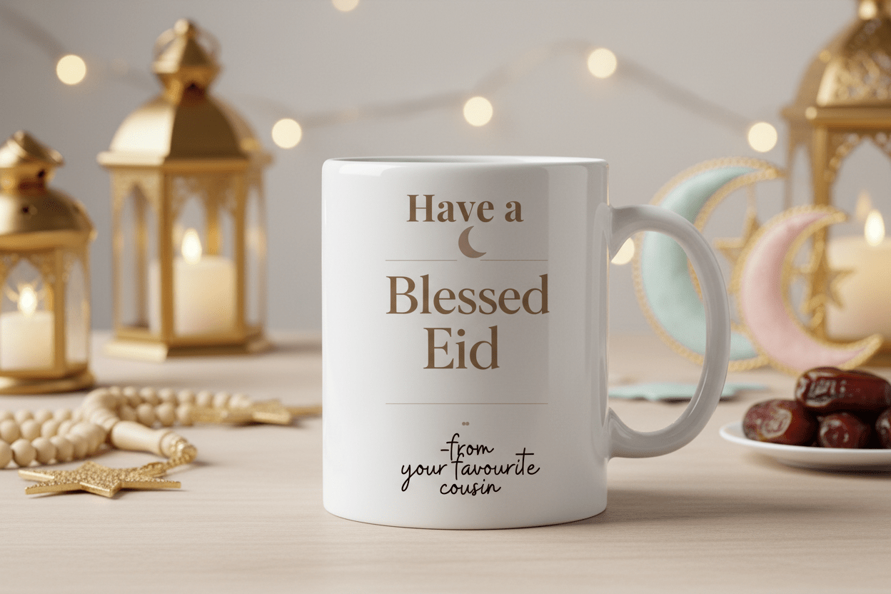 White ceramic mug with gold “Have a Blessed Eid” and crescent moon on front