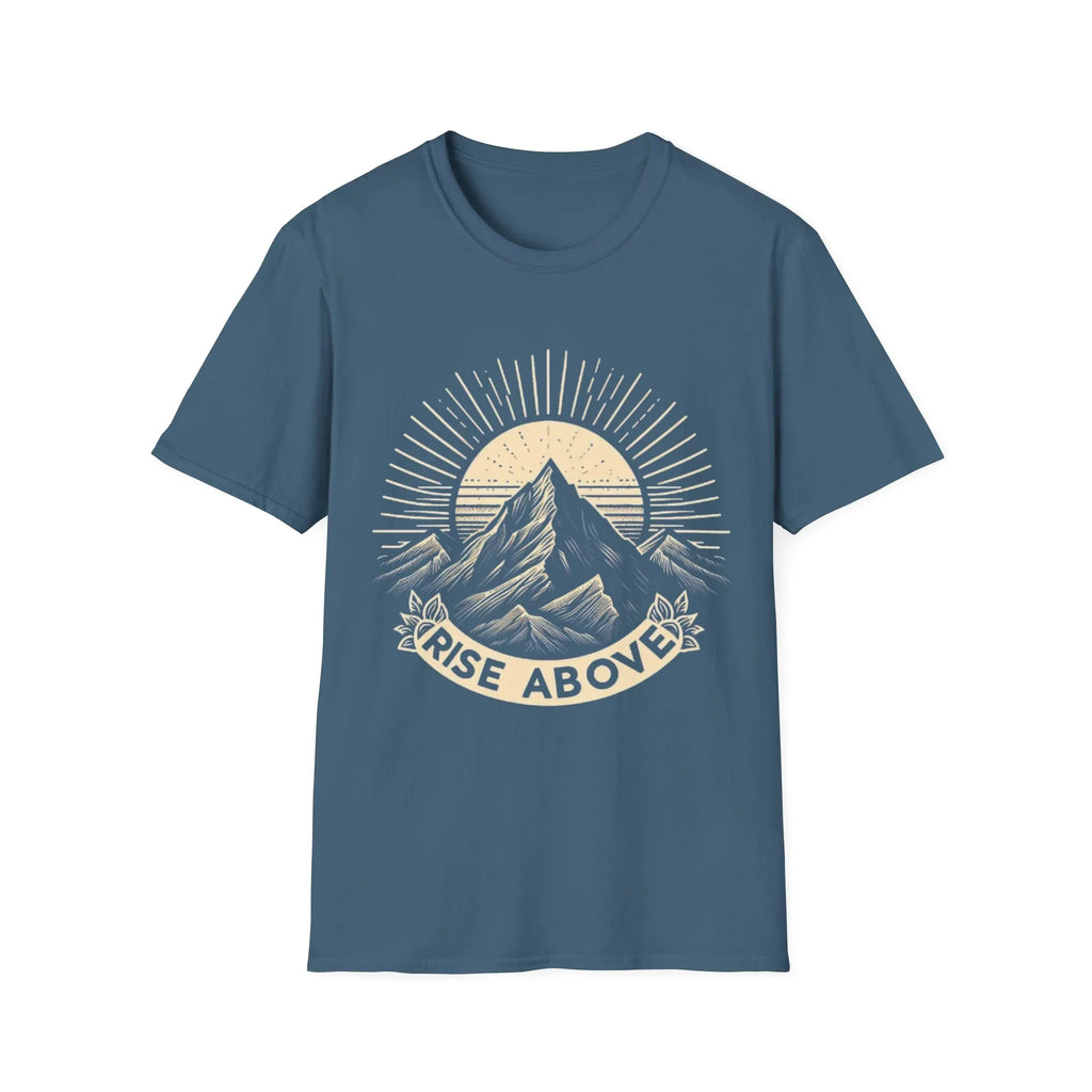 Denim blue short-sleeve T-shirt with mountain sunrise “RISE ABOVE” graphic