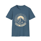 Denim blue short-sleeve T-shirt with mountain sunrise “RISE ABOVE” graphic