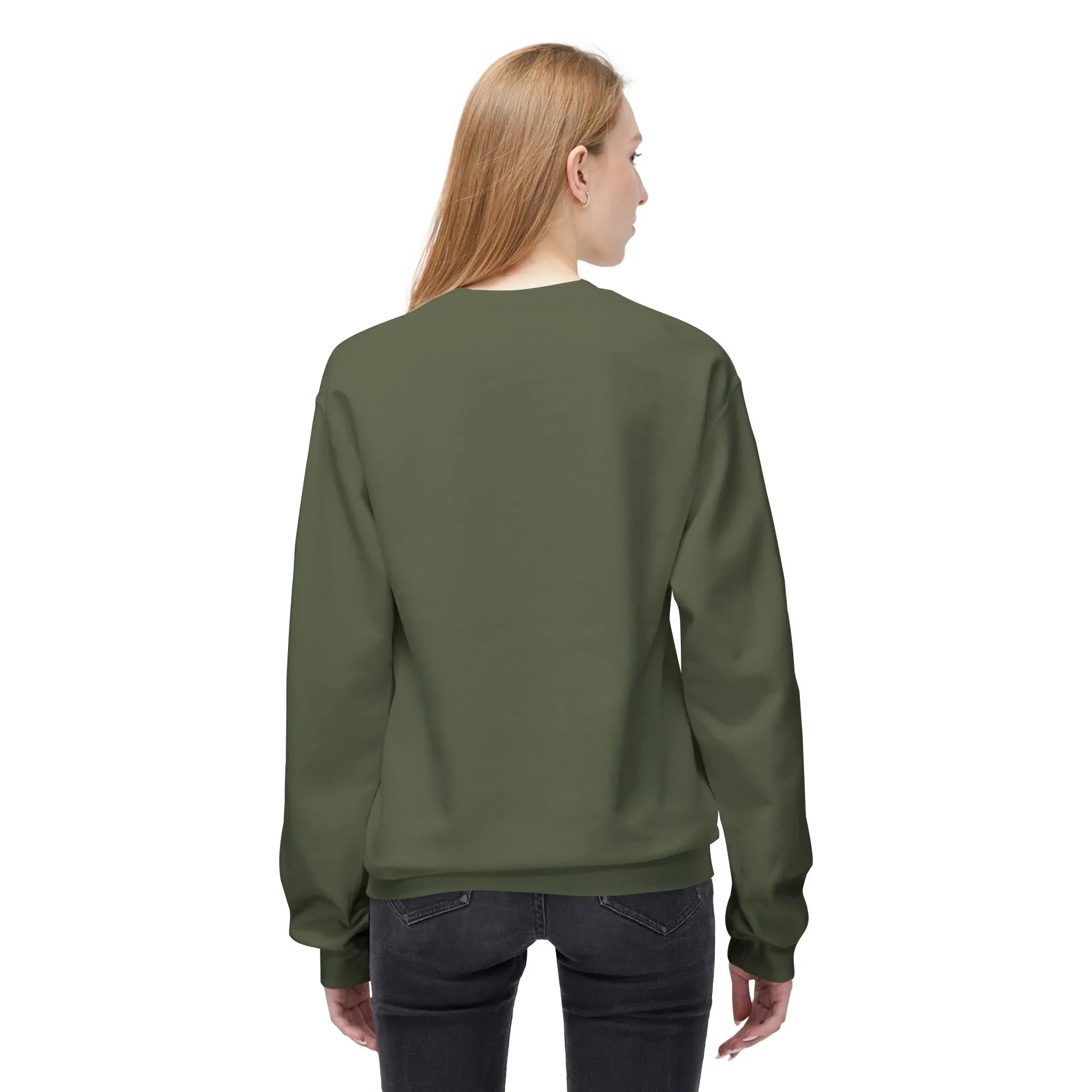 Military green sweatshirt, back view with crew neck and long sleeves.
