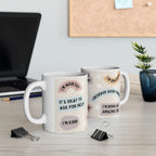 Set of two white ceramic mugs with uplifting printed messages and hearts