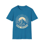 Blue short-sleeve T-shirt with mountain sunrise “RISE ABOVE” graphic