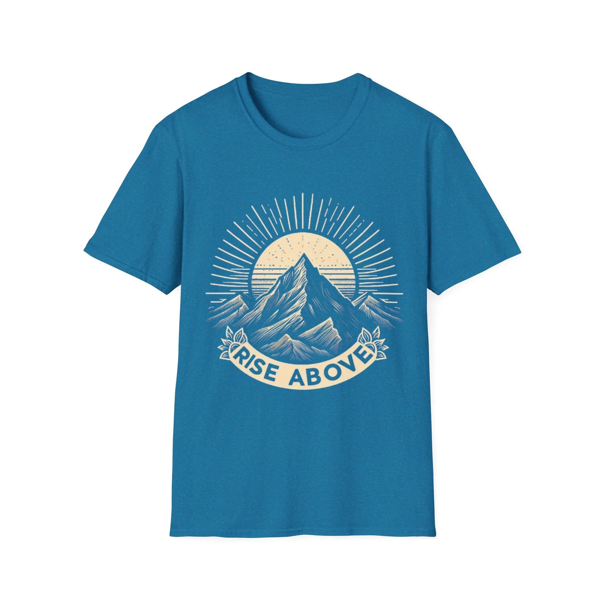 Blue short-sleeve T-shirt with mountain sunrise “RISE ABOVE” graphic