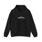 Black hoodie sweatshirt with front pocket and drawstring hood, small chest logo text.