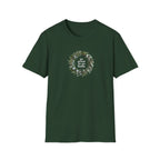 Forest green unisex eco T-shirt with leaf wreath 'go green or go home' graphic