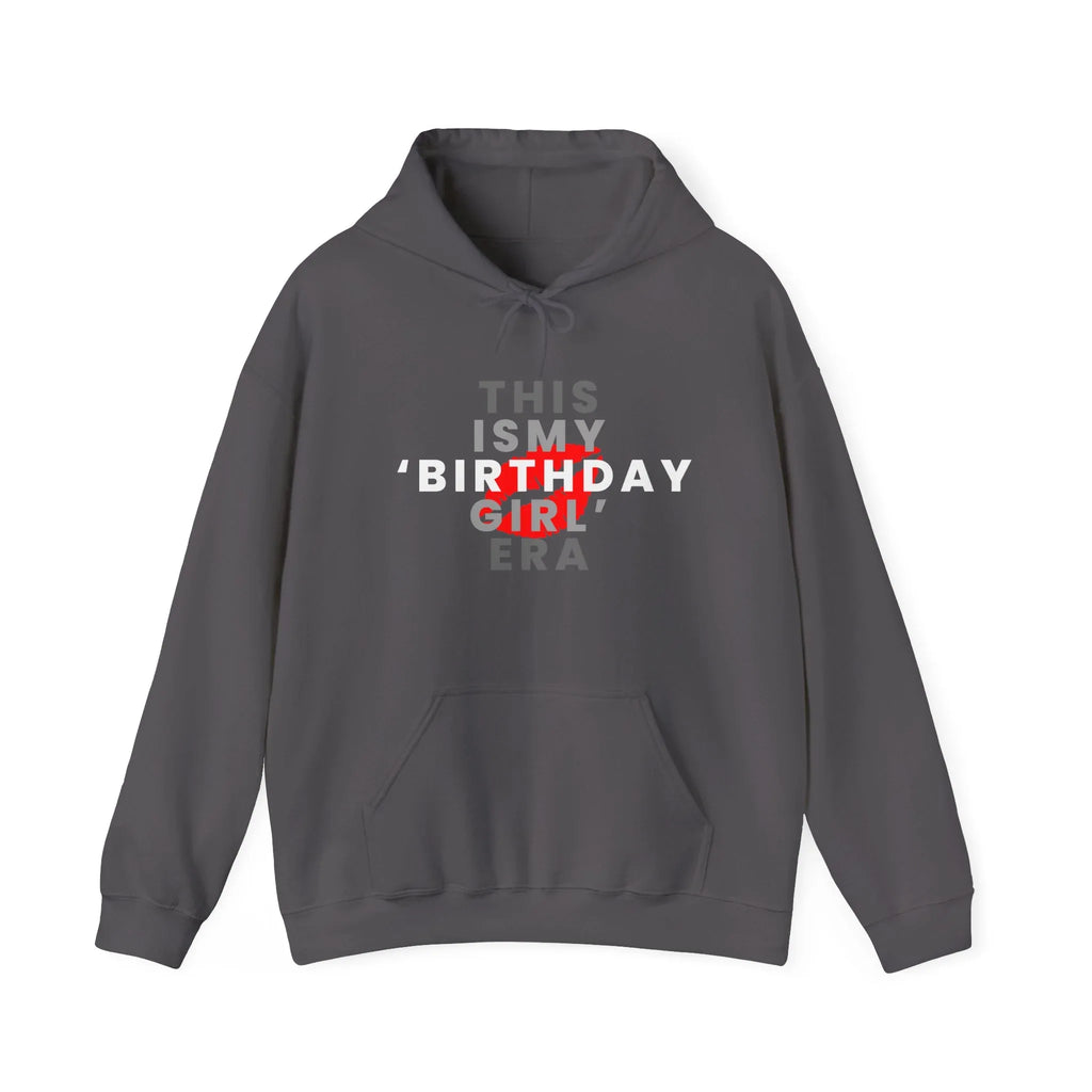 Charcoal pullover hoodie with front text graphic and red birthday design