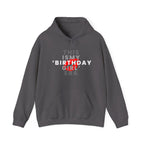 Charcoal pullover hoodie with front text graphic and red birthday design
