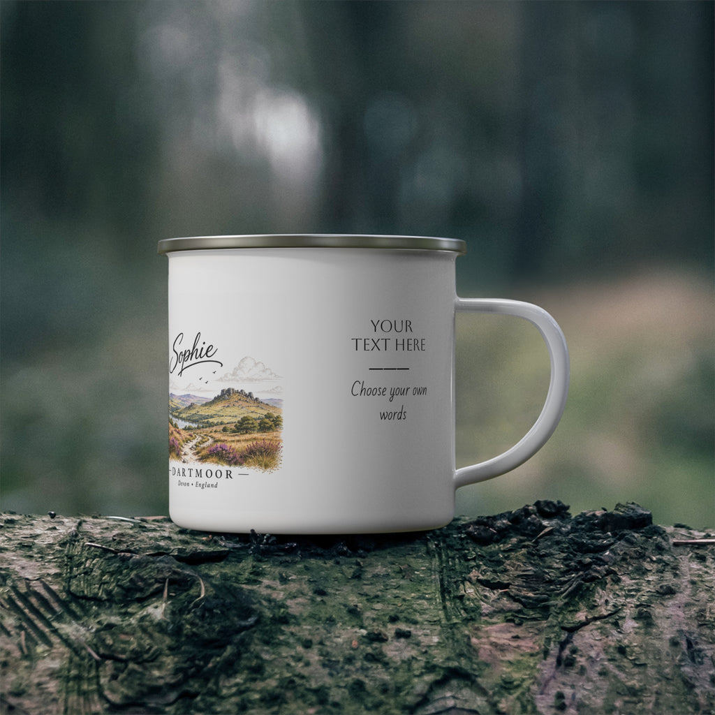 Personalised enamel camping mug, white with Dartmoor scene and “YOUR TEXT HERE”