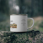 Personalised enamel camping mug, white with Dartmoor scene and “YOUR TEXT HERE”