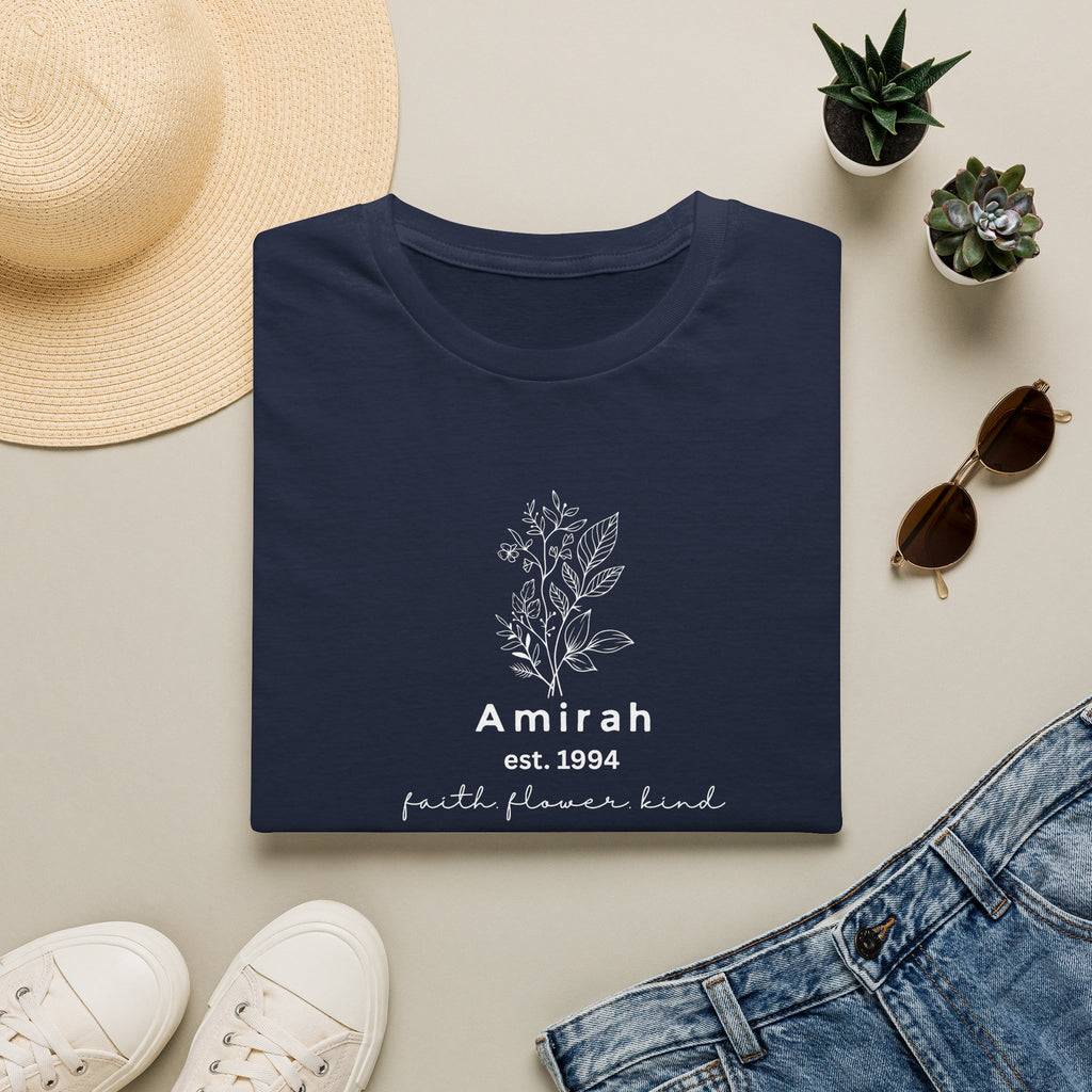 Personalized Floral Name T-Shirt — “Amirah est. 1994” Minimal Botanical Tee