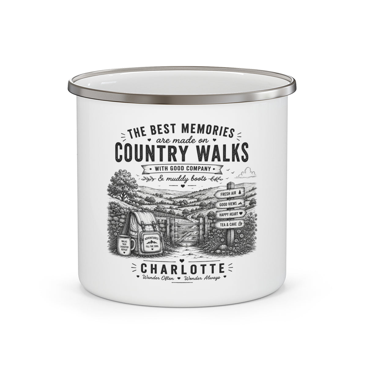 Personalised Enamel Camping Mug — "The Best Memories Are Made on Country Walks"