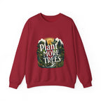 Unisex deep red sweatshirt with “Plant More Trees” nature graphic on front