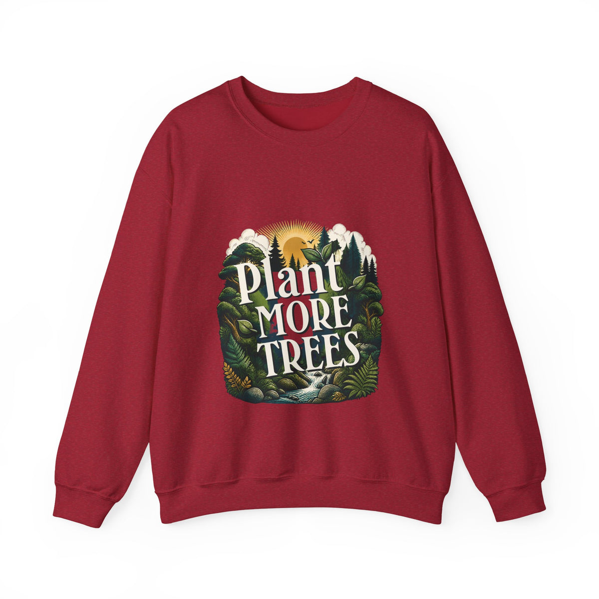 Unisex deep red sweatshirt with “Plant More Trees” nature graphic on front