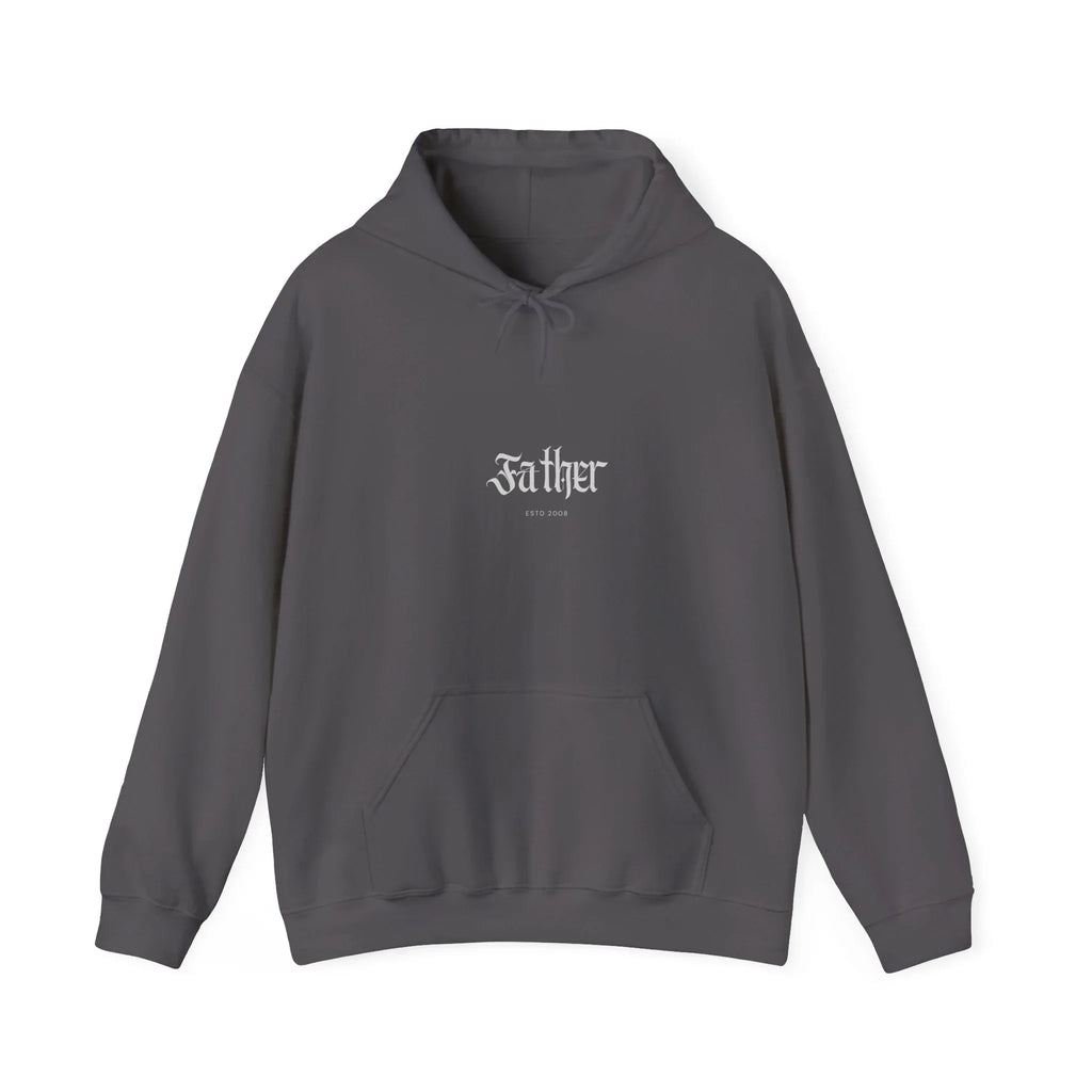 Charcoal gray pullover hoodie with front pocket, hood drawstring, and small chest logo.