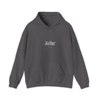 Charcoal gray pullover hoodie with front pocket, hood drawstring, and small chest logo.
