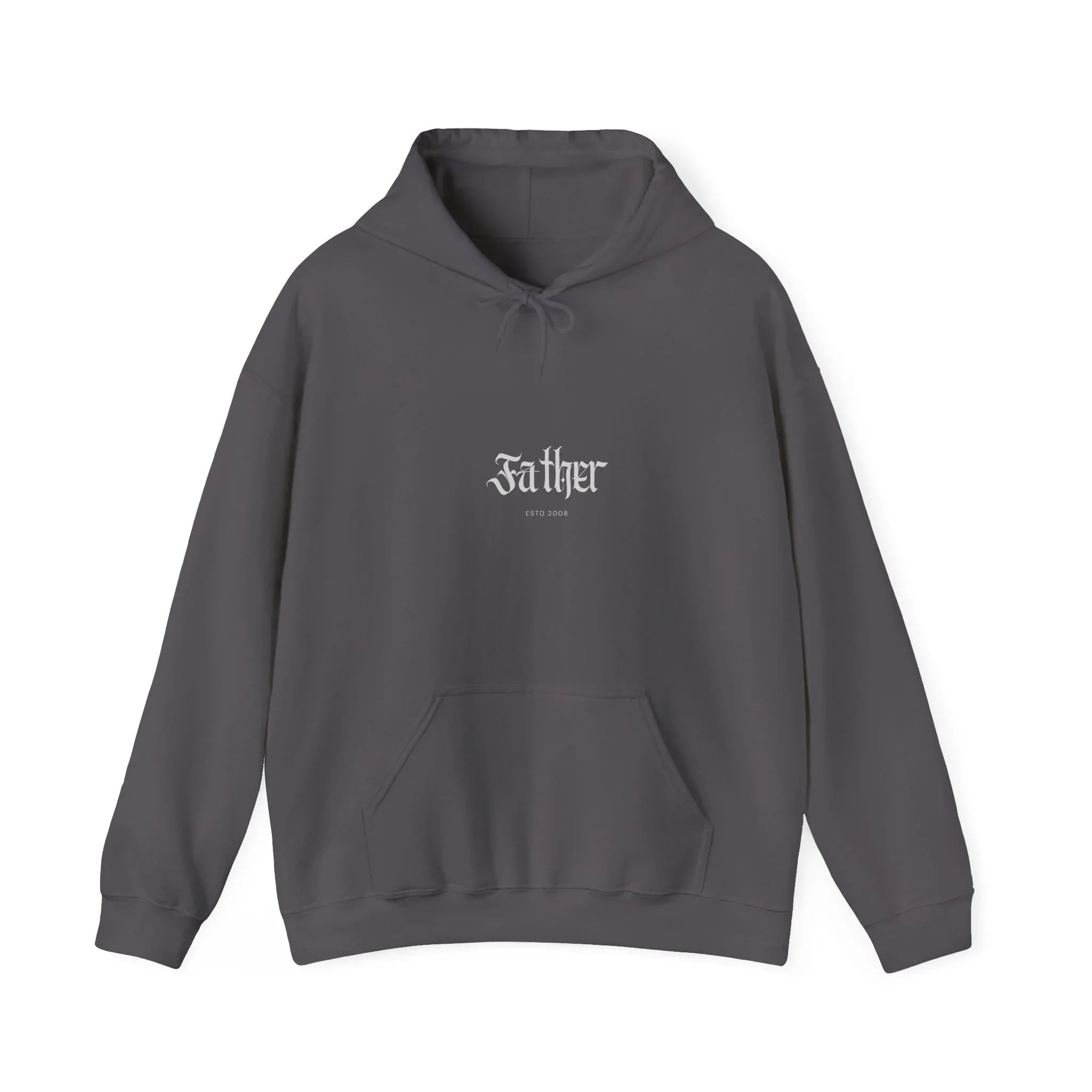 Charcoal gray pullover hoodie with front pocket, hood drawstring, and small chest logo.