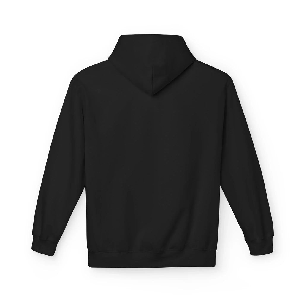 Black hoodie with hood, long sleeves, and front pocket