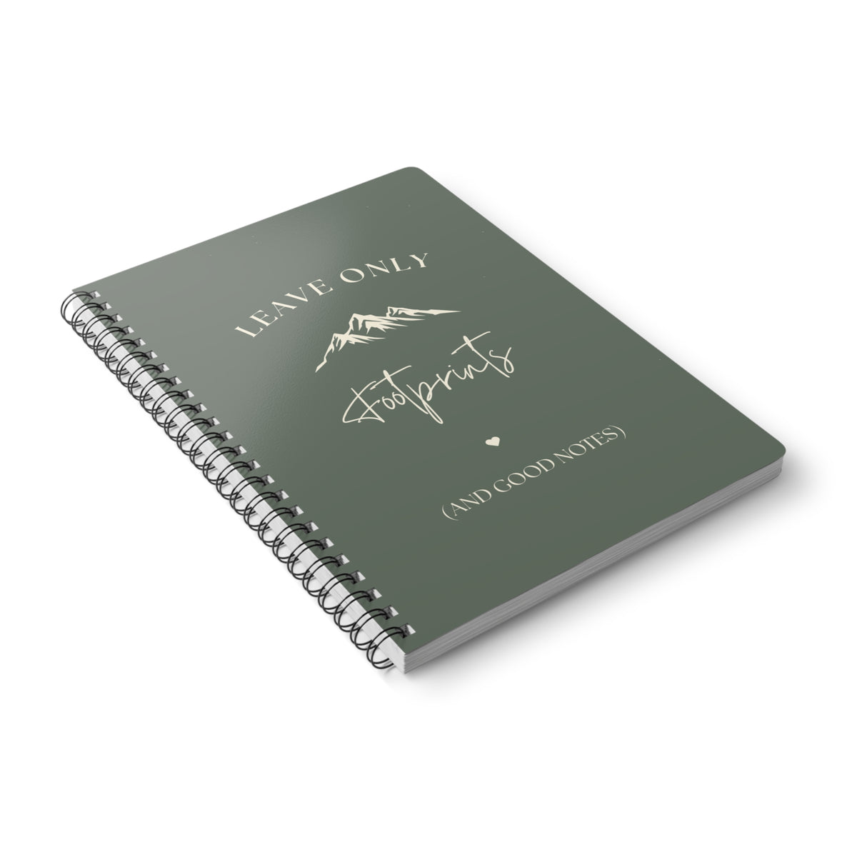 A5 hiking notebook, dark green cover angled view with mountain and footprints