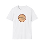 White crew-neck T-shirt with circular tree-ring badge graphic reading 'Seasoned'