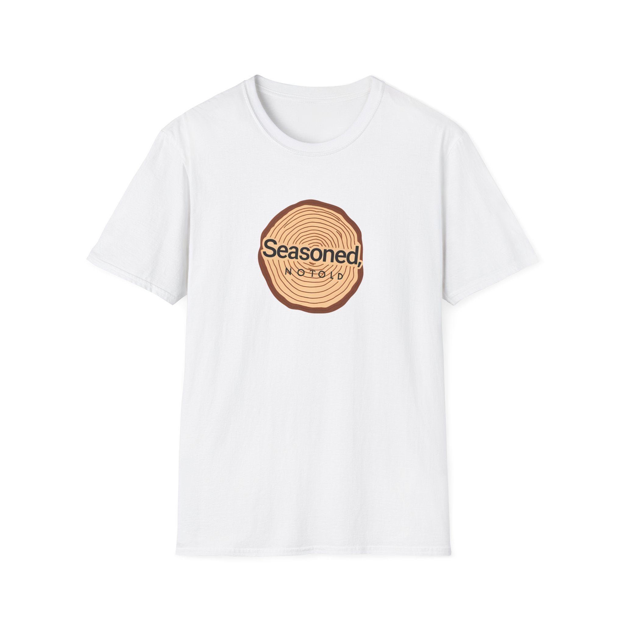 White crew-neck T-shirt with circular tree-ring badge graphic reading 'Seasoned'