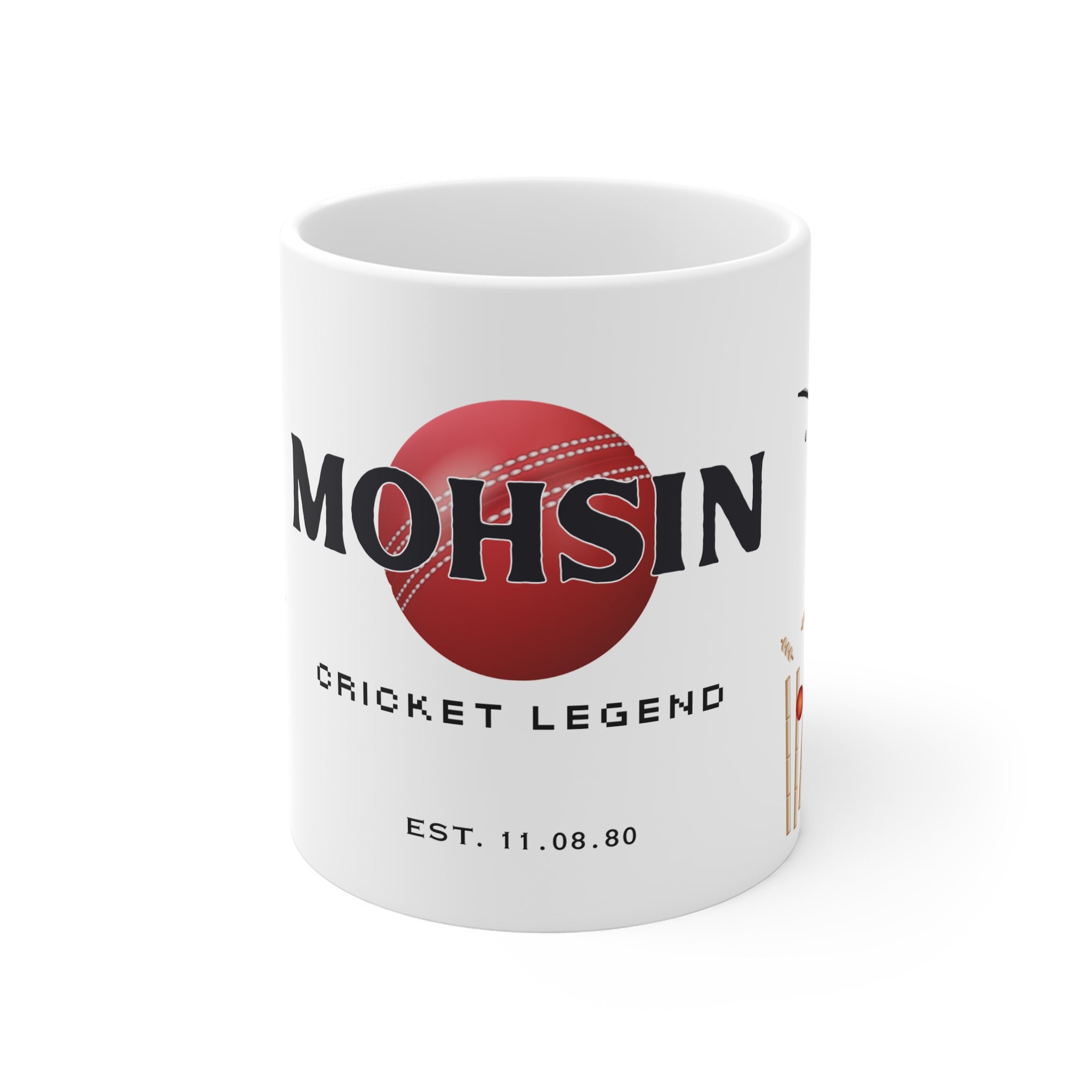 Personalised cricket mug with MOHSIN name and red cricket-ball logo, white ceramic