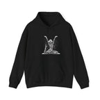 Black hoodie with white yoga lotus pose graphic on the front