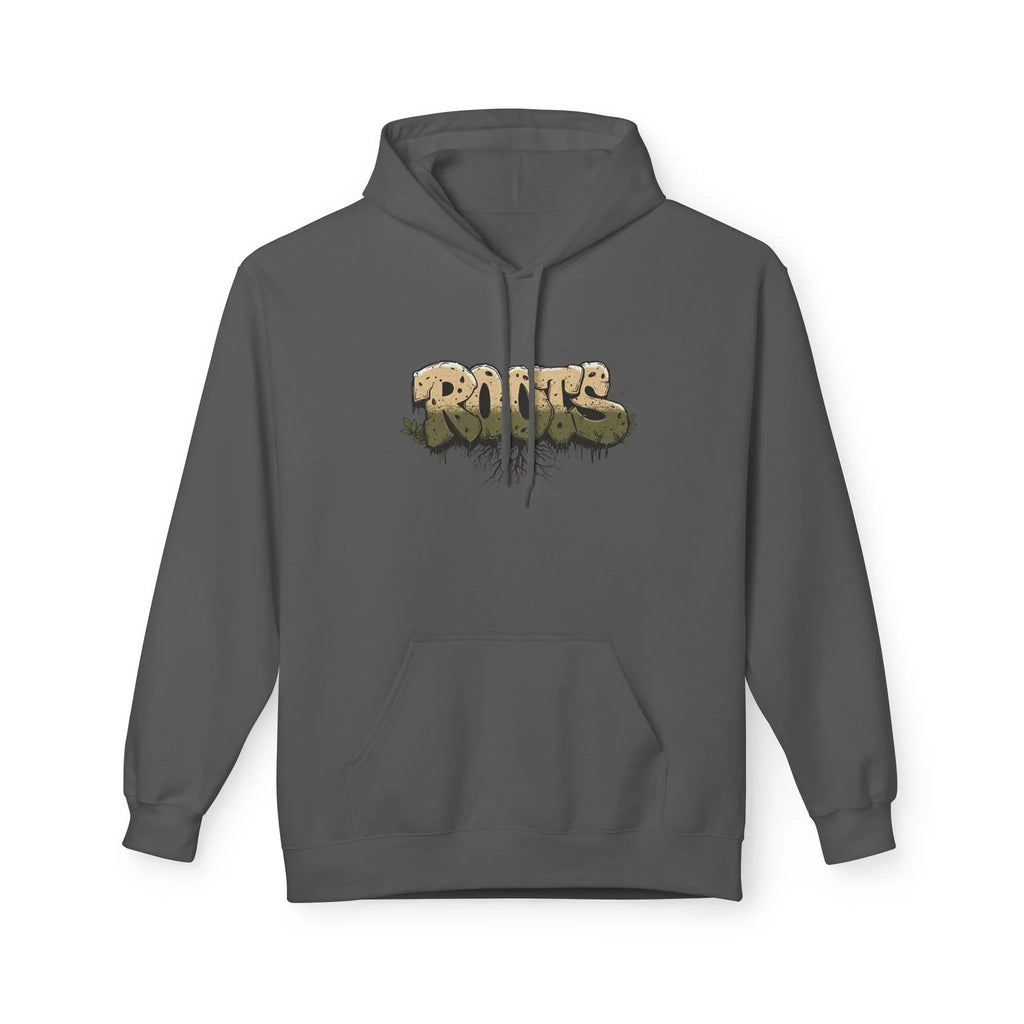 Charcoal gray hoodie with drawstring hood, kangaroo pocket, and centered 'ROOTS' graphic.