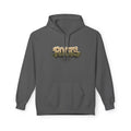 Charcoal gray hoodie with drawstring hood, kangaroo pocket, and centered 'ROOTS' graphic.