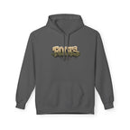 Charcoal gray hoodie with drawstring hood, kangaroo pocket, and centered 'ROOTS' graphic.
