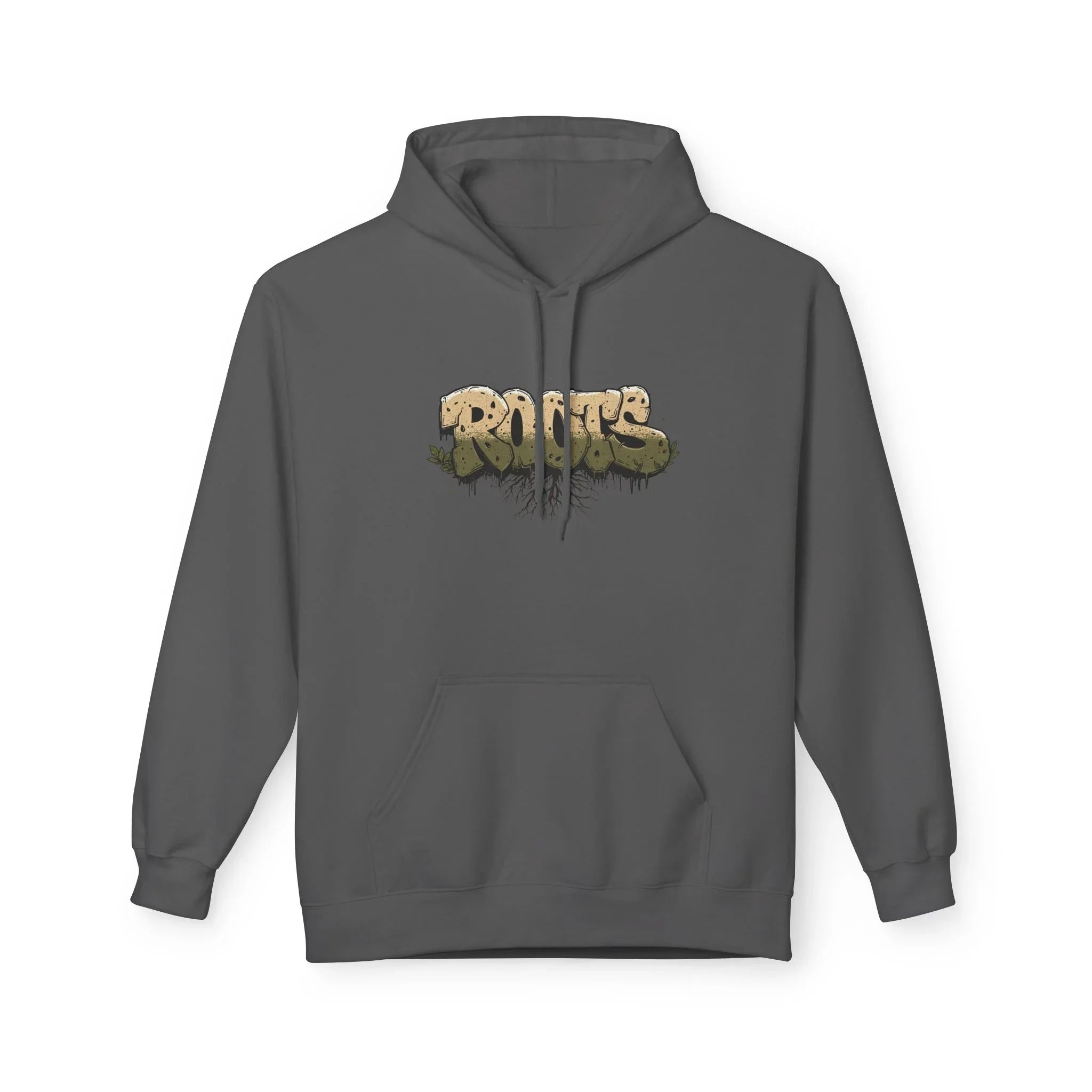 Charcoal gray hoodie with drawstring hood, kangaroo pocket, and centered 'ROOTS' graphic.