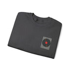 Dark heather sweatshirt with embroidered turntable patch at center chest