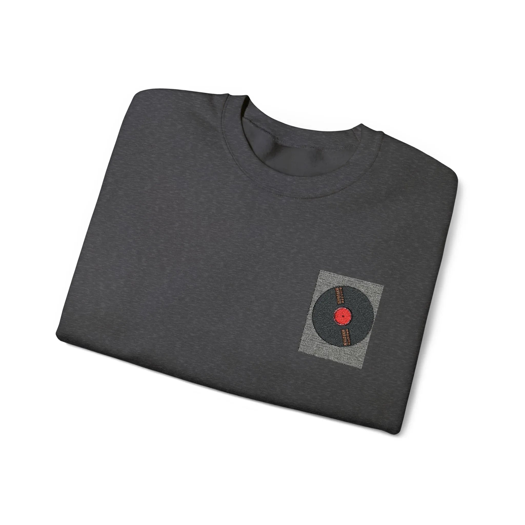 Dark heather sweatshirt with embroidered turntable patch at center chest