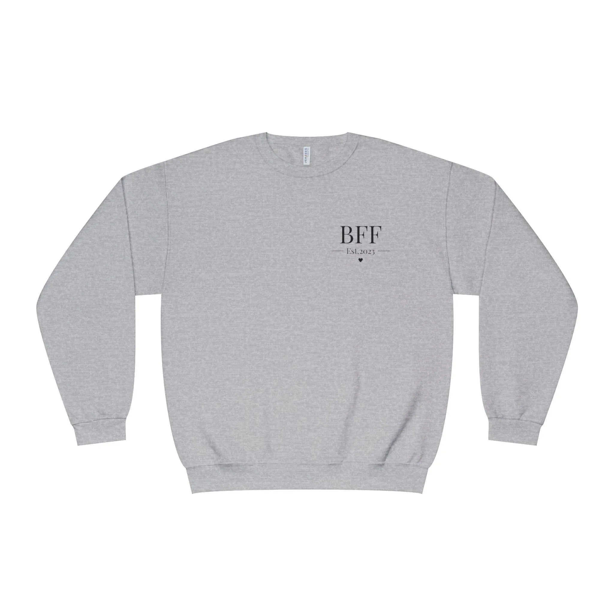 Personalised sweatshirt in light gray with front text "BFF" and small Est date