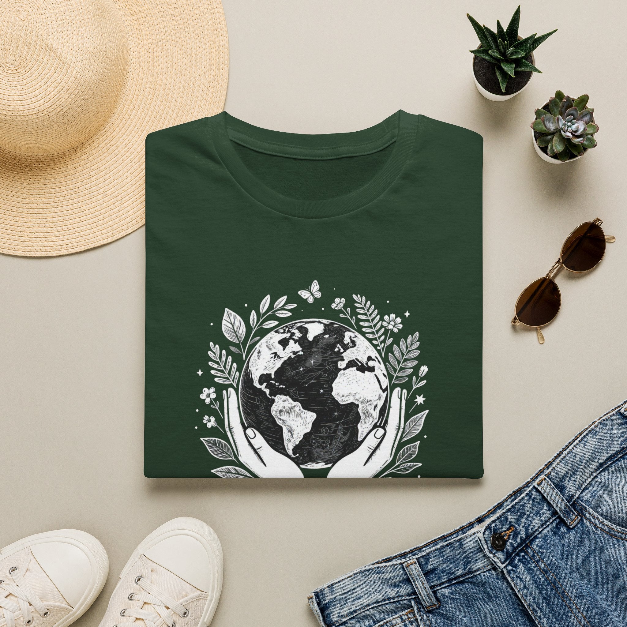 Green crewneck T-shirt with white globe and leaf “Protect Our Planet” front print